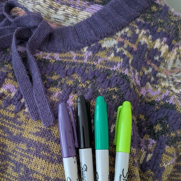 SOL Baby Alpaca Pullover Sweater L Purple Yellow Fair Isle Bow Scoop Soft Bow - Picture 9 of 13